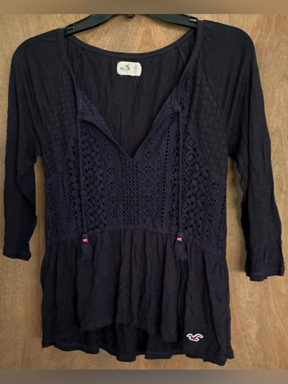Hollister Boho Black Crochet Babydoll Tassel Top XS Black Eyelet Lace Smock